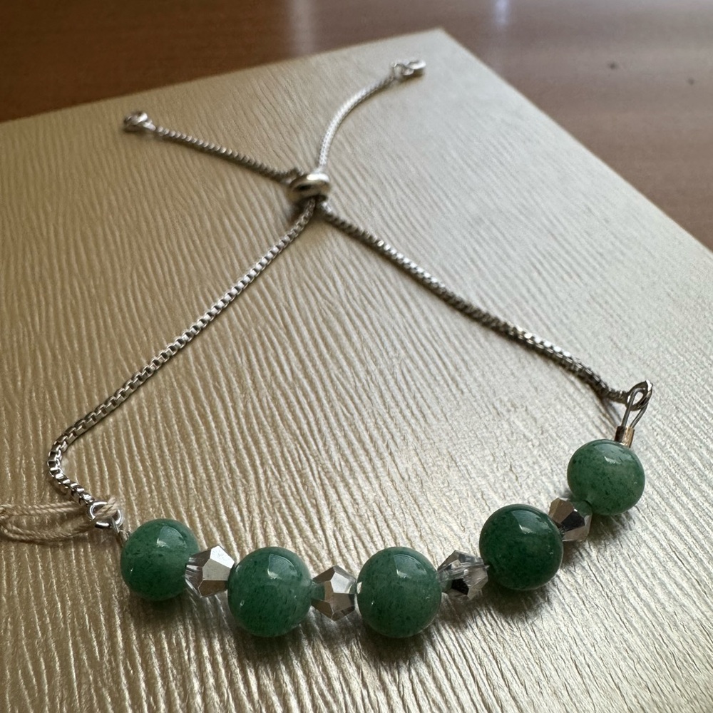 Green Jade Slider Bracelet with Faceted Silver Bicone Crystal Accents